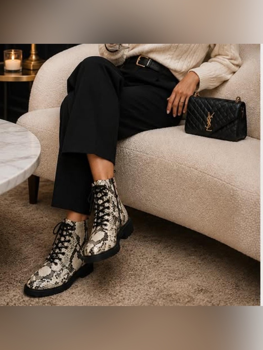 Paolo Snake-Print Lace-Up Combat Boots in Cream and Black